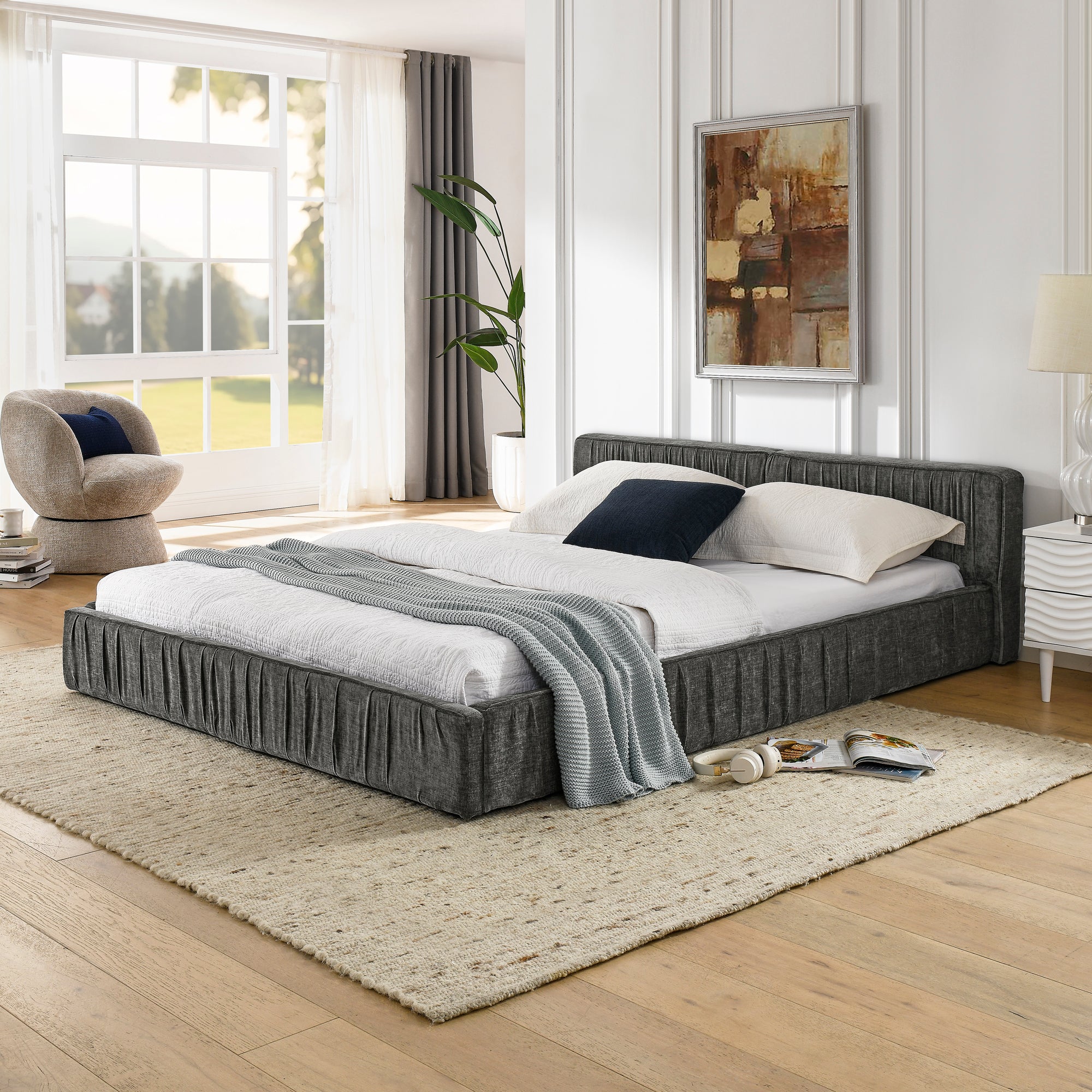 Modern Queen Size Upholstered Bed Frame with Chenille Fabric and