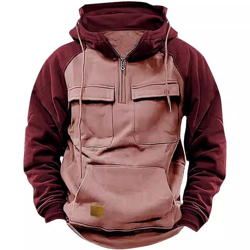 Men's Contrast Color Workwear Hoodie – Fall/Winter Streetwear Style