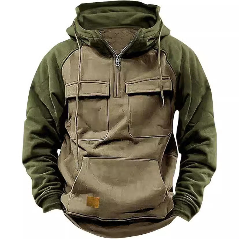 Men's Contrast Color Workwear Hoodie – Fall/Winter Streetwear Style