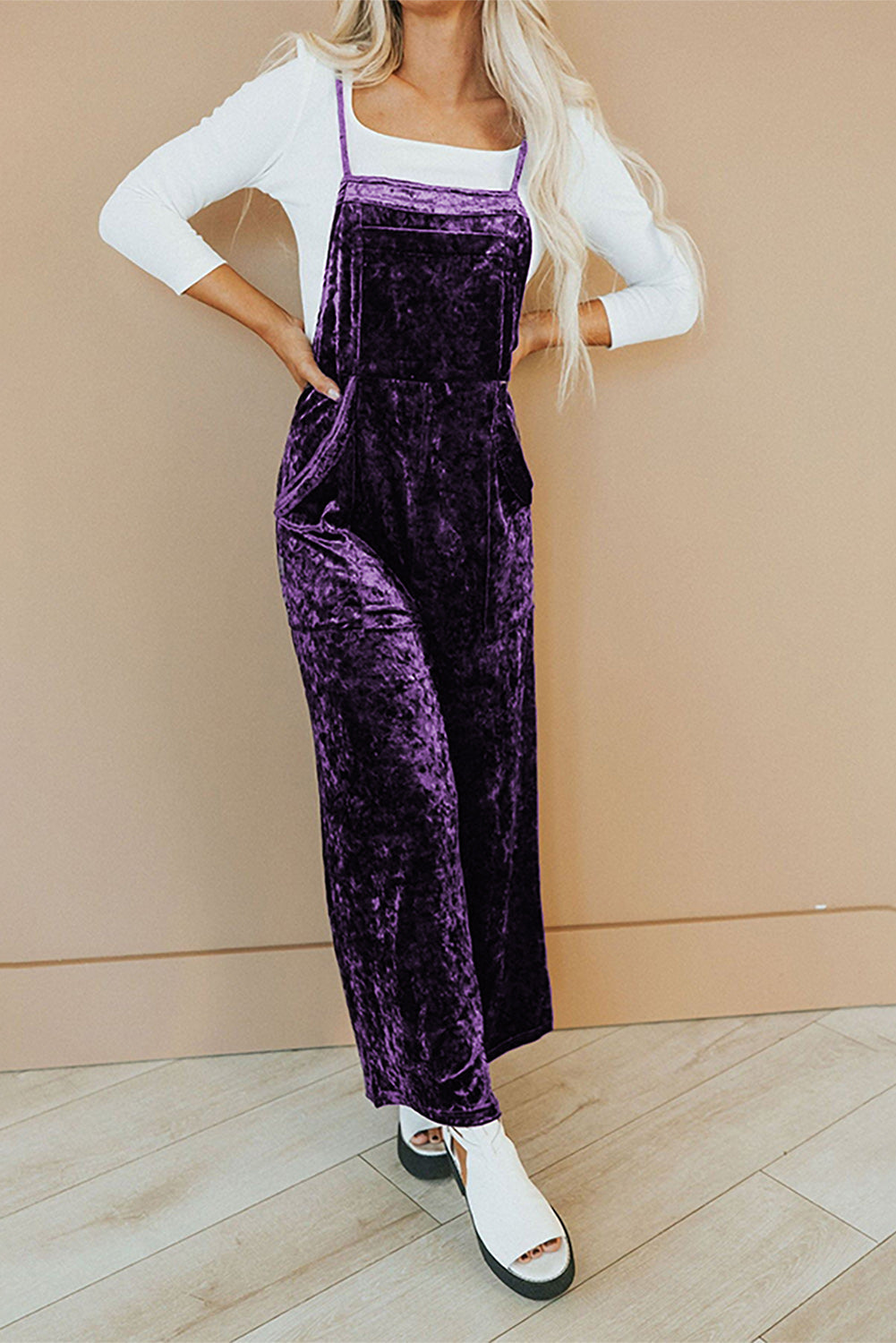 Tillandsia Purple Vintage Thin Straps Side Pockets Velvet Overall
