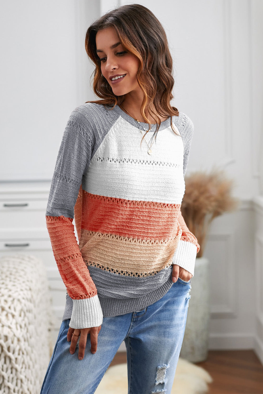 Gray Accent Knitted Color Block Long Sleeve Crew Neck Sweater