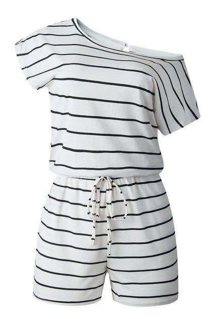 Striped Short Sleeve Drawstring Waist Romper
