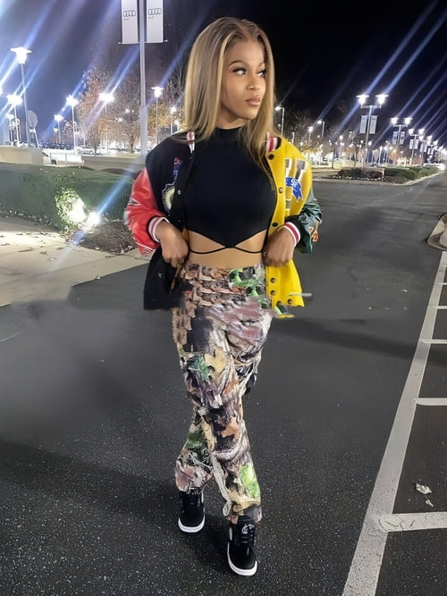 Loose Casual Women Pants With Leaf Print Pockets (Jeans)