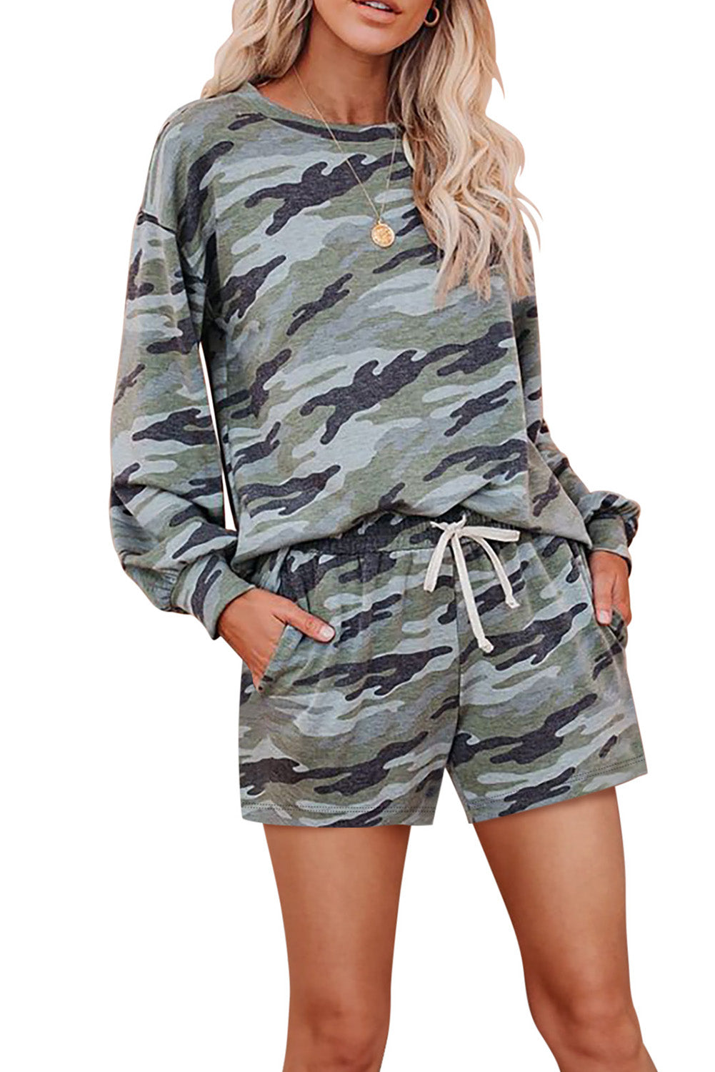 Green Camo Long Sleeve Pullover and Shorts Loungewear