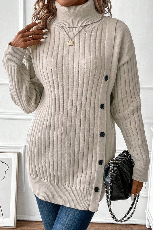 Turtle Neck Button Down Decor Pullover Sweater