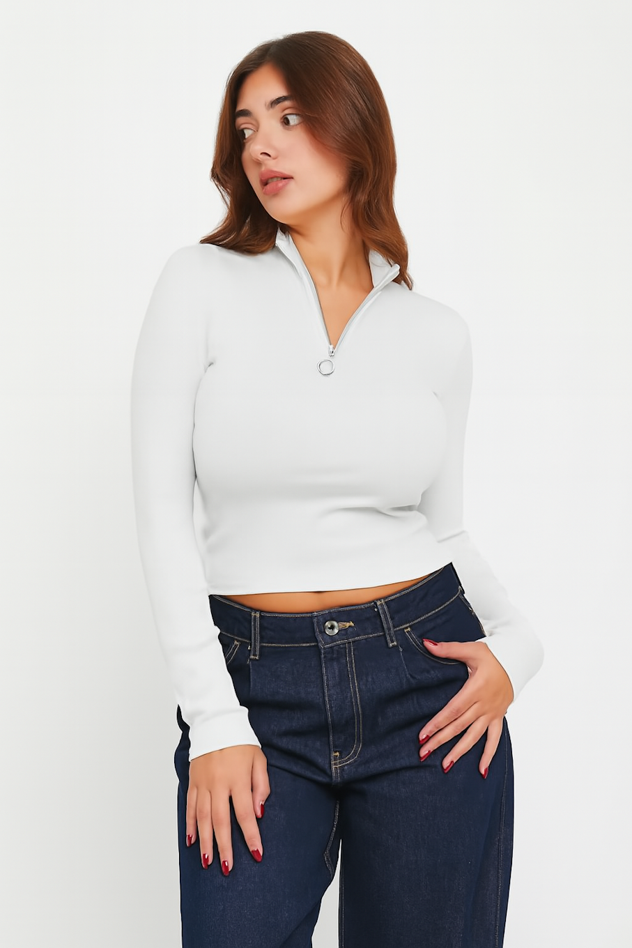 Long Sleeve Quarter Zip Crop Top-White (Size-XS)