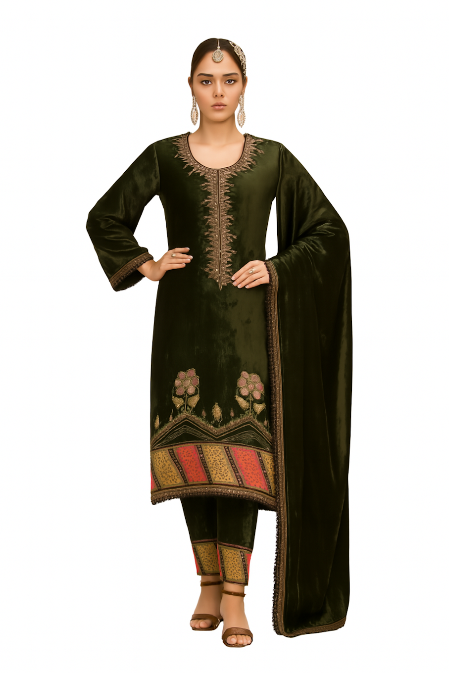 Women Embroidery Kurta Set-Green (Size-2XL) | D01