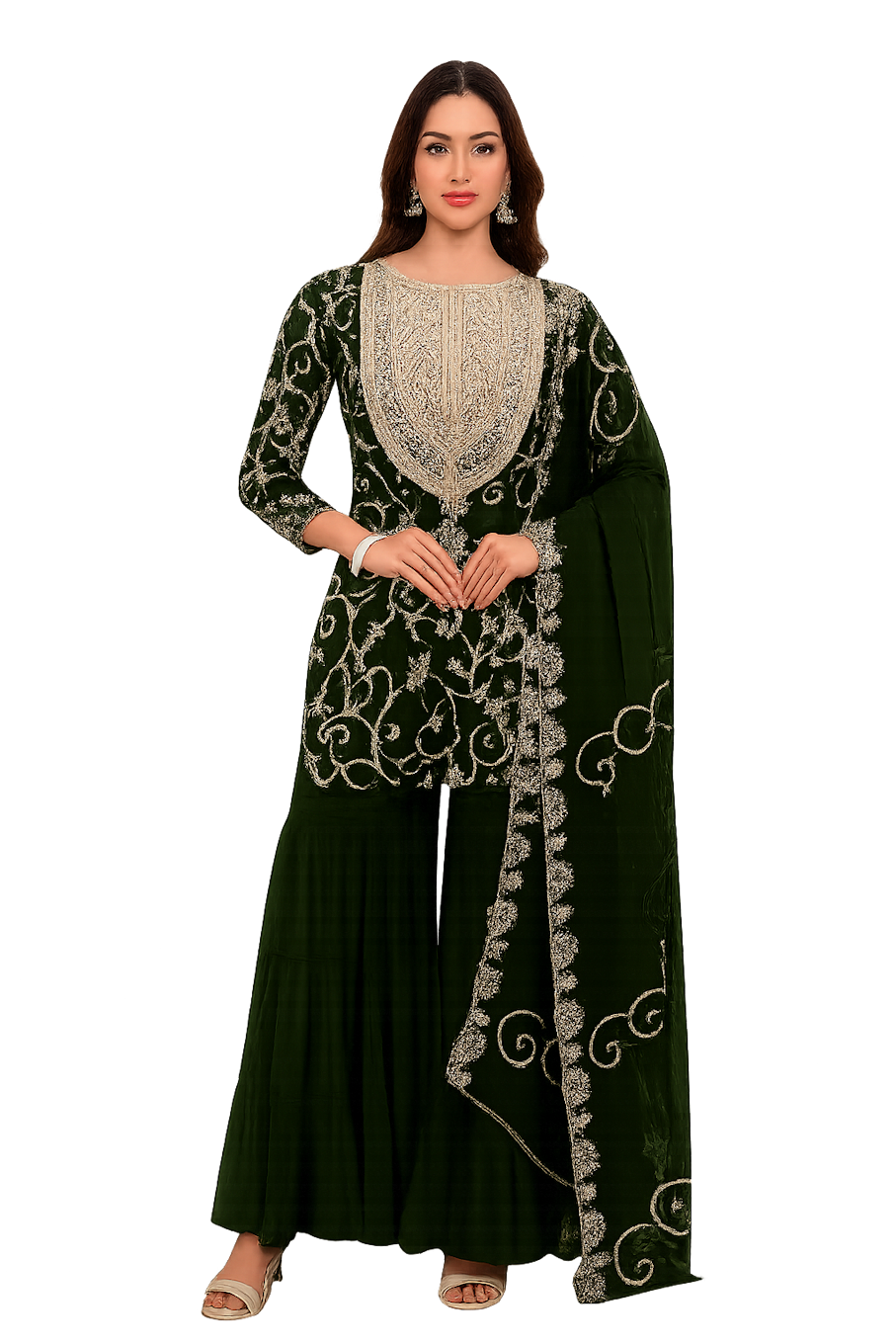 Women Designer Embroidery Kurta Set-Green (Size-S) | D292