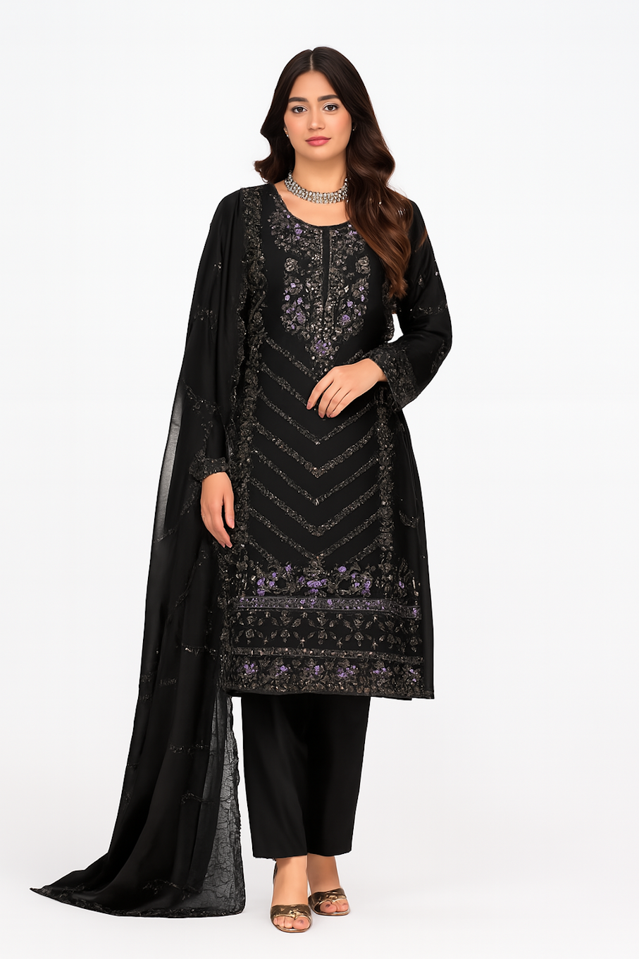 Women Designer Embroidery Kurta Set-Black (Size-L) | D136