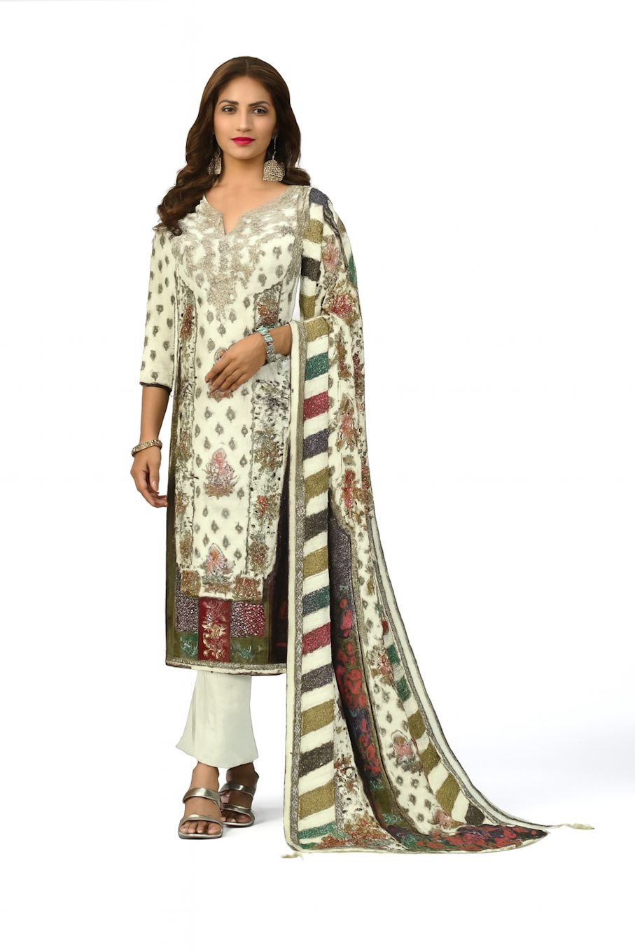Women Embroidery Kurta Set-White (Size-2XL) | D13