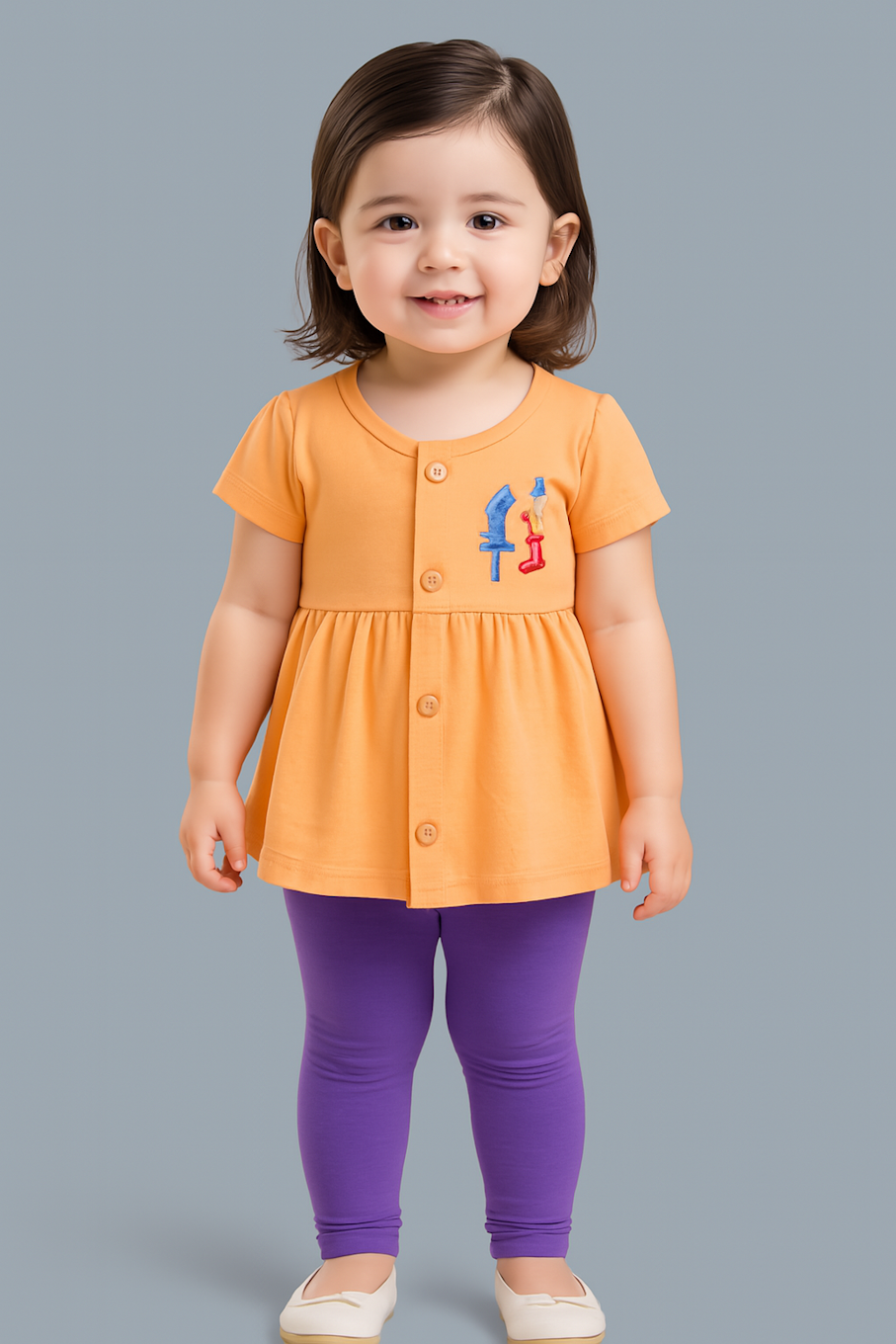 Knee-Length A-Line Dress for girls-Light Orange (Size-6-7 YEAR) | D139