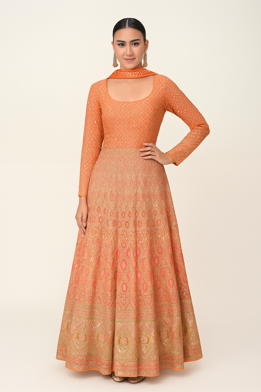 Embroidered Designer Gown for Women-Orange (Size-M) | D04