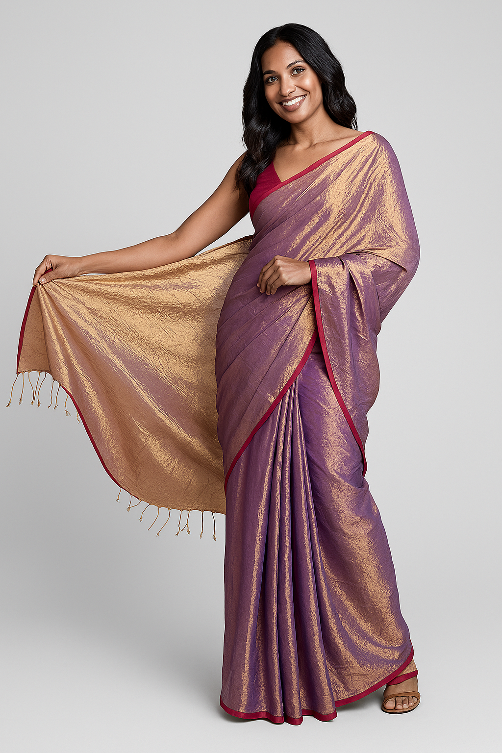Purple & Gold Silk Saree – Red Border, Festive & Wedding Wear
