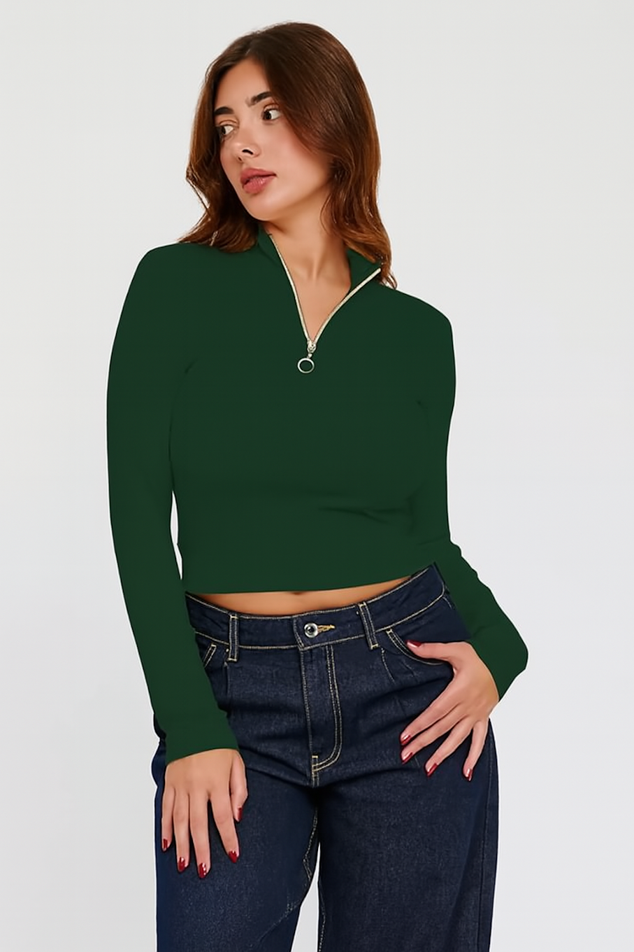 Long Sleeve Quarter Zip Crop Top-Green (Size-XL)