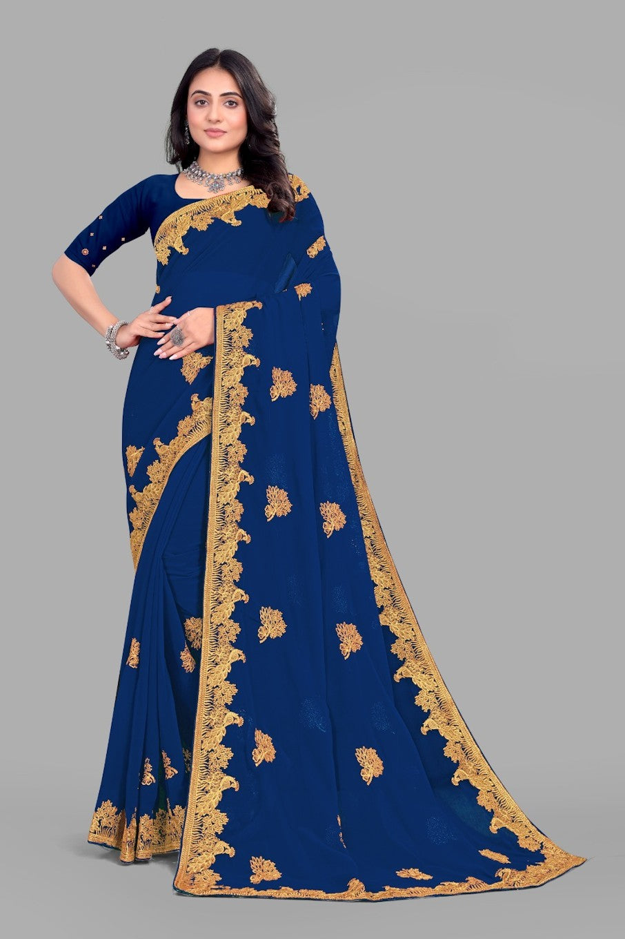 Women's Elegant Saree Set for festive wear-Dark Blue