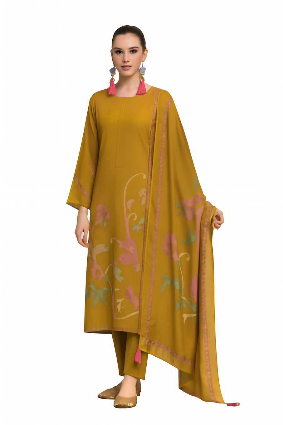 Women Embroidery Kurta Set-Mustard (Size-M) | D169
