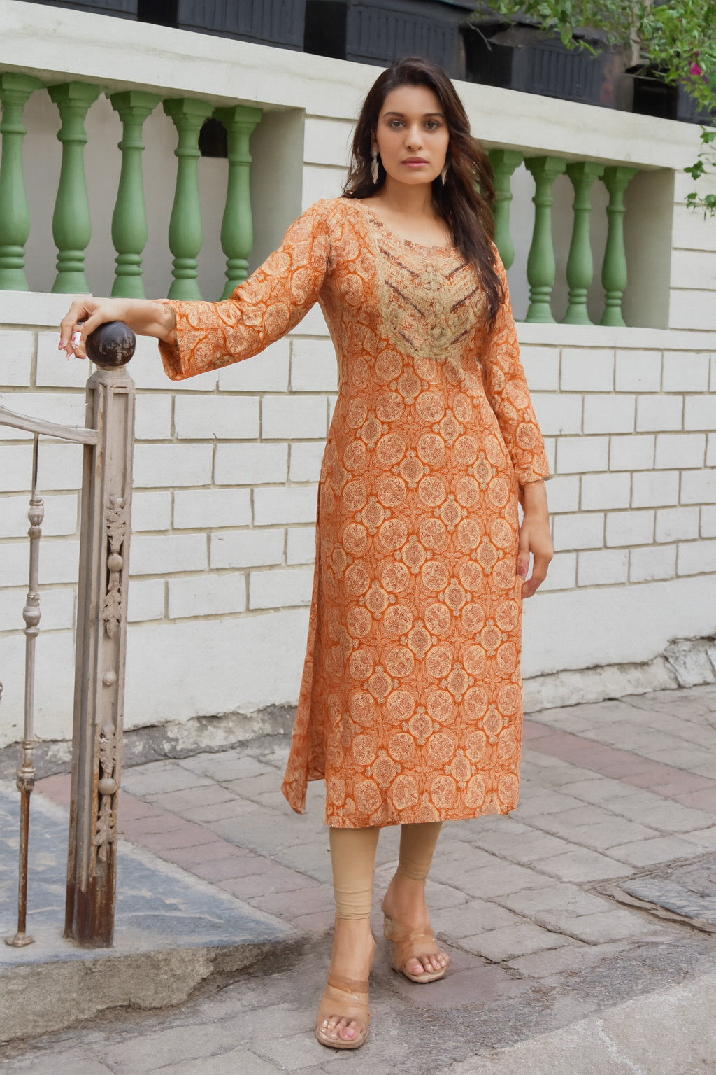 Women's Orange Kurta Set – Embroidered Chest, Churidar Pants-S