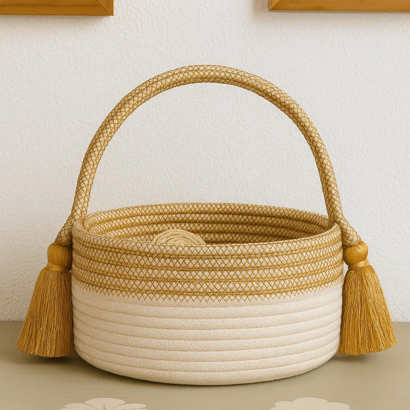 Mustard Cream Rope Basket w/Handle