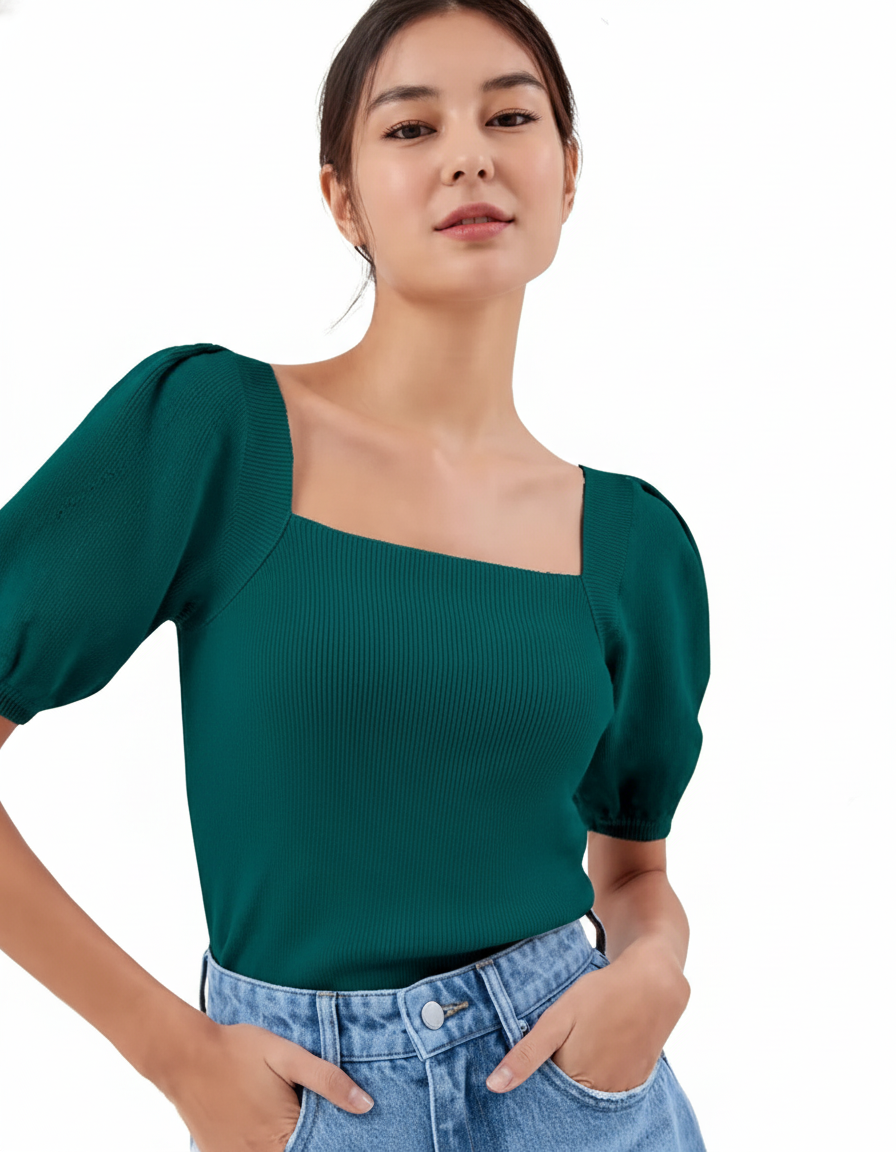 XS-Women's Ribbed Knit Top – Puff Sleeves, Square Neck, Green  Casual