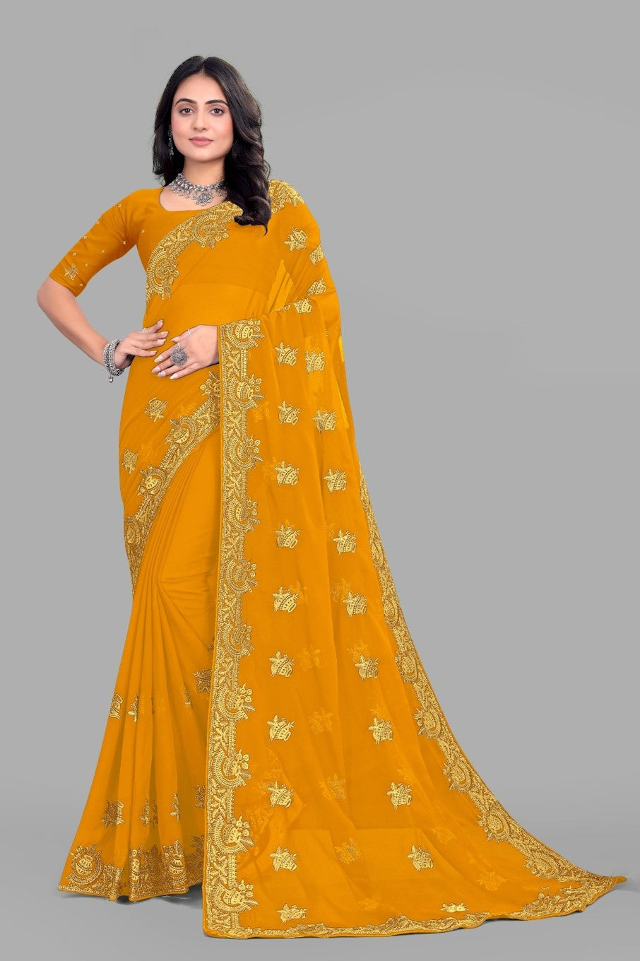 Women's Elegant Saree Set for festive wear-Yellow-01