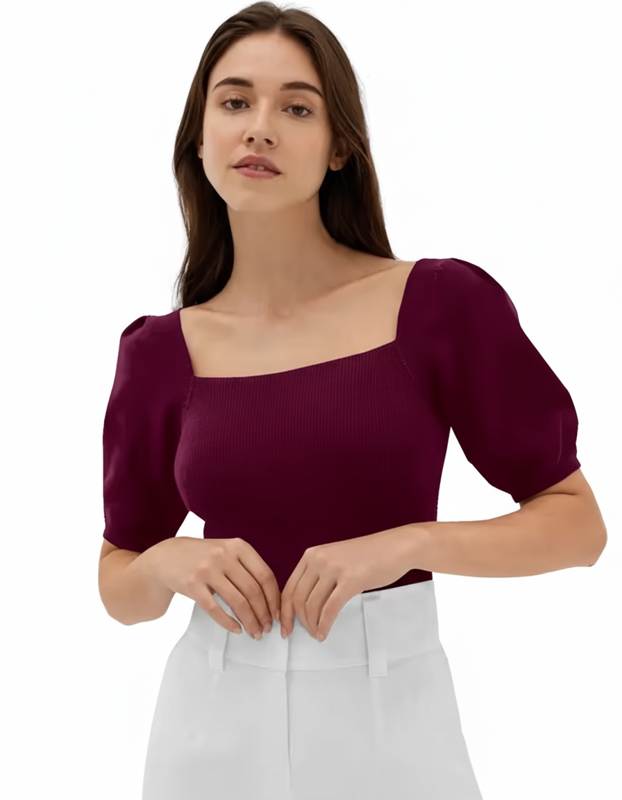 XS-Women's Ribbed Knit Top – Puff Sleeves, Square Neck, Maroon  Casual