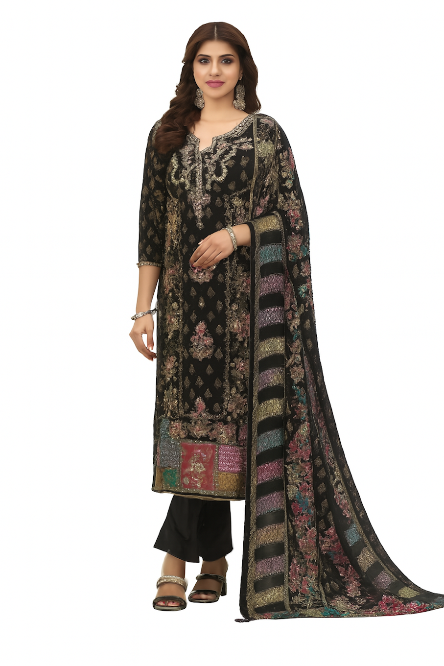 Women Embroidery Kurta Set-Black (Size-M) | D15