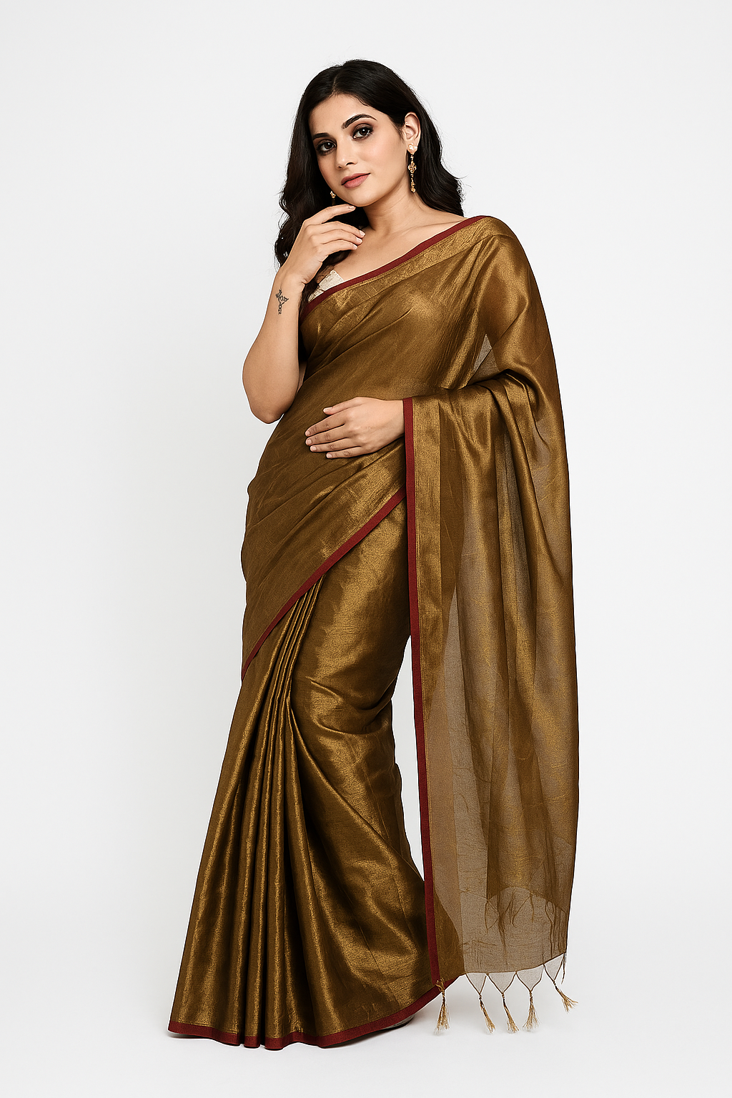 Brown Silk Saree – Red Border, Festive & Wedding Wear