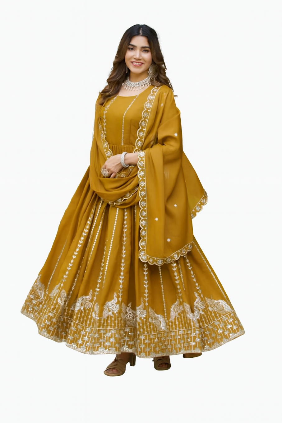 Embroidered Designer Gown for Women-Yellow (Size-M) | D30