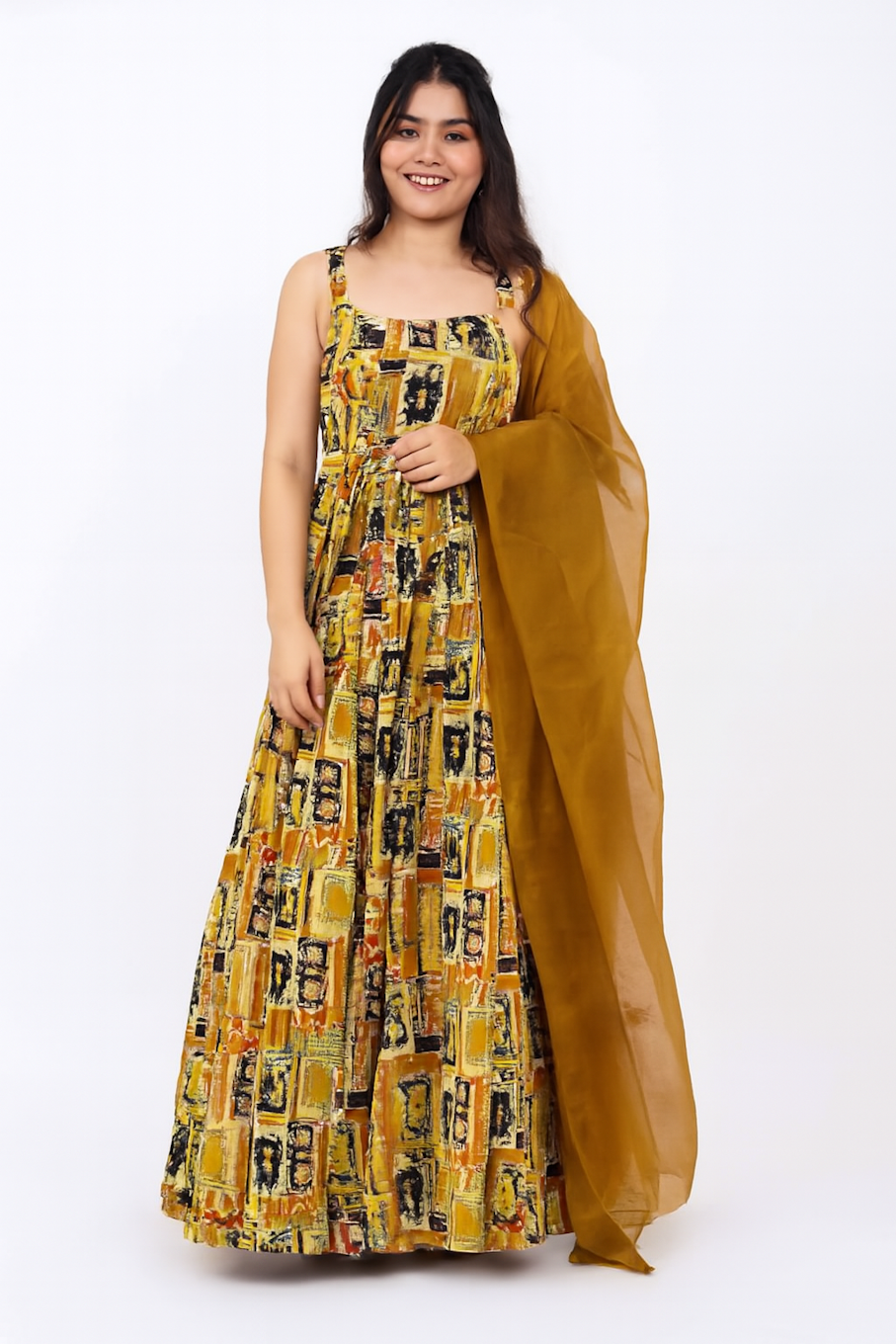 Embroidered Designer Gown for Women-Yellow (Size-XL) | D170