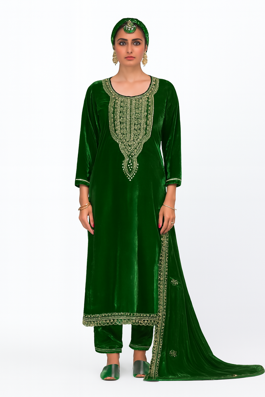 Women Designer Embroidery Kurta Set-Green (Size-L) | D148