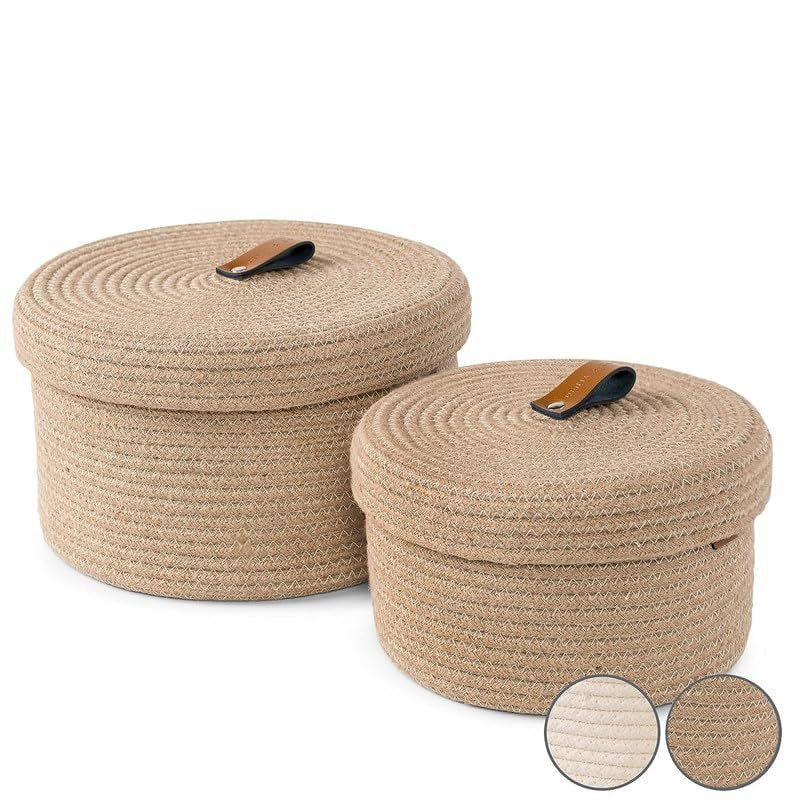 Beige White Jute Lidded Baskets Set