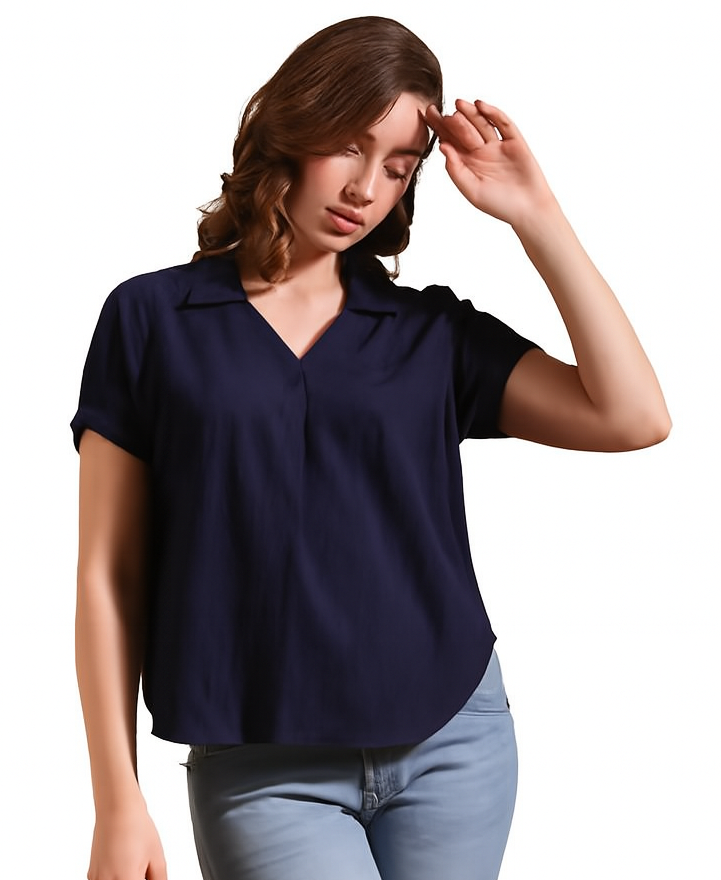 Short Sleeve Collared Top-Navy (Size-XL)