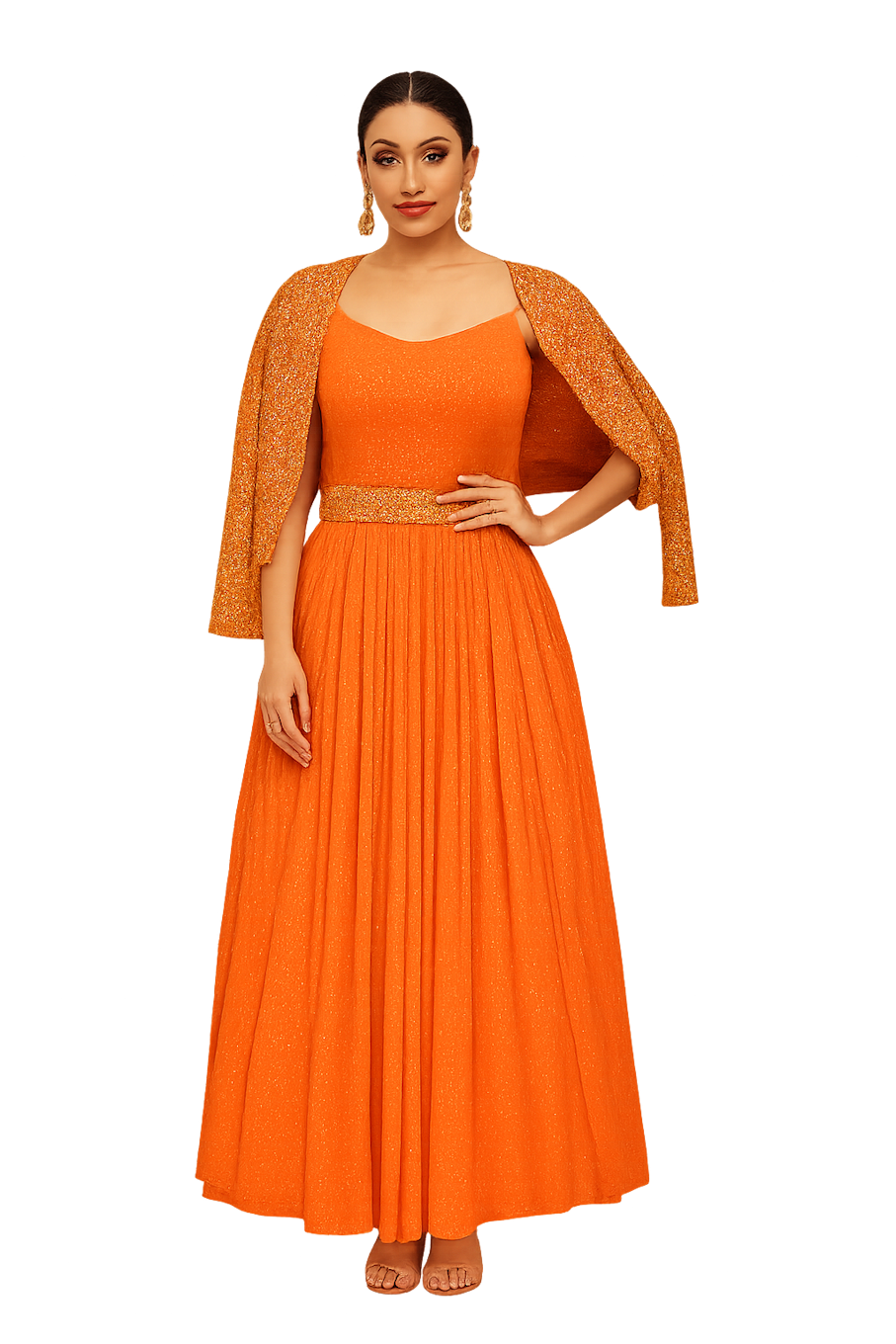 Embroidered Designer Gown for Women-Orange (Size-L) | D44