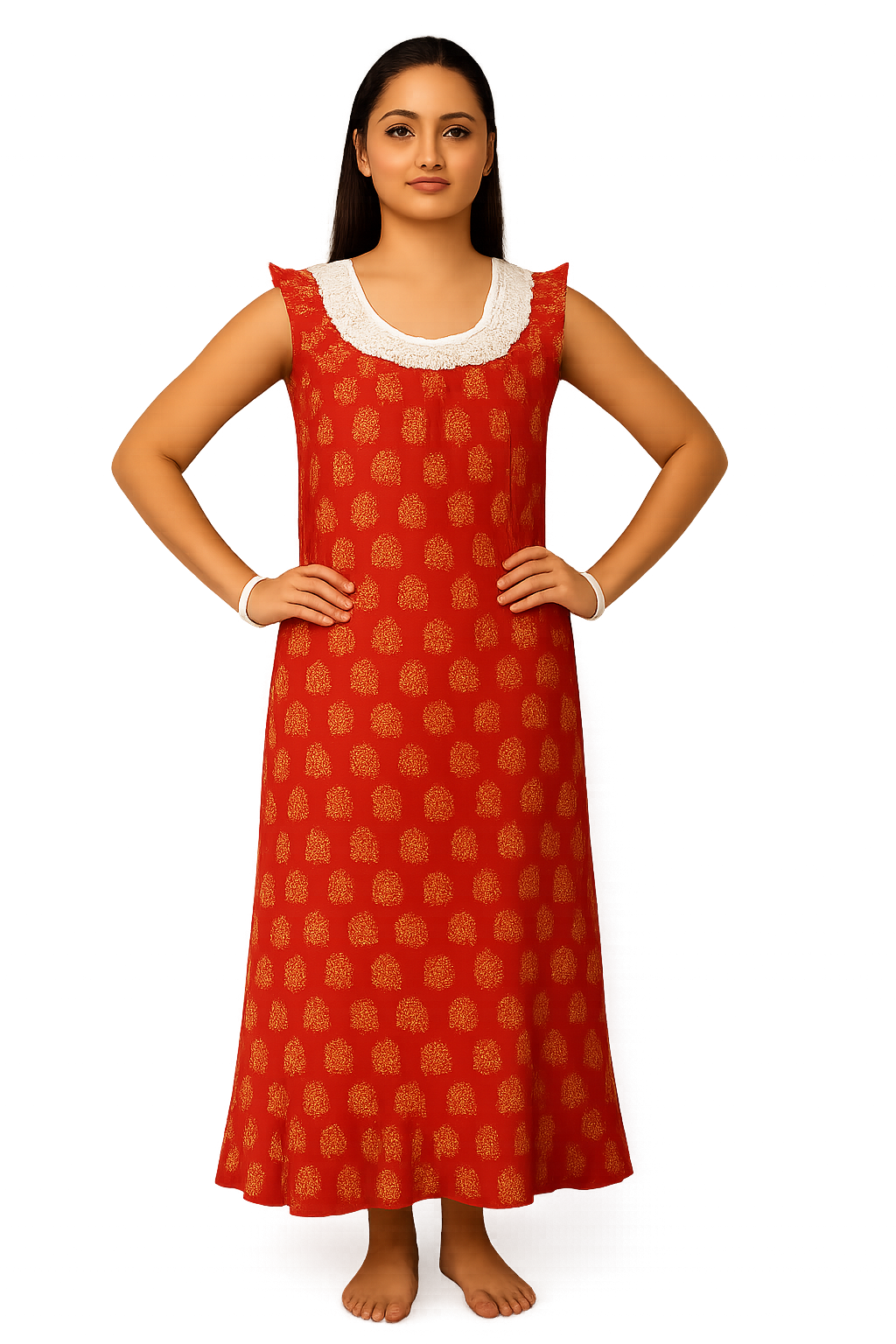 Women's Sleeveless Printed Cotton Nighty – Red with White Neck