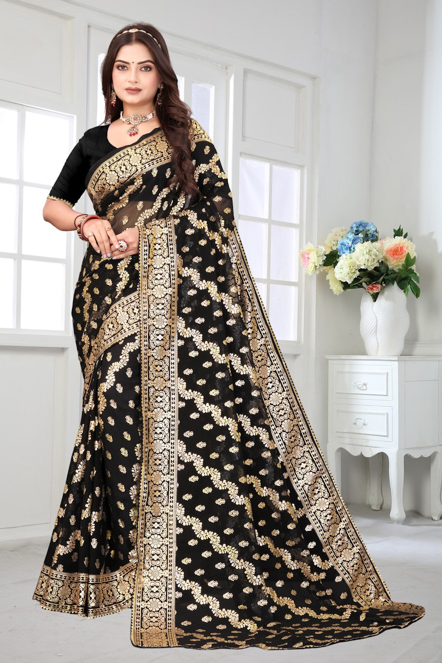 Women's Elegant Saree Set for festive wear-Black-03