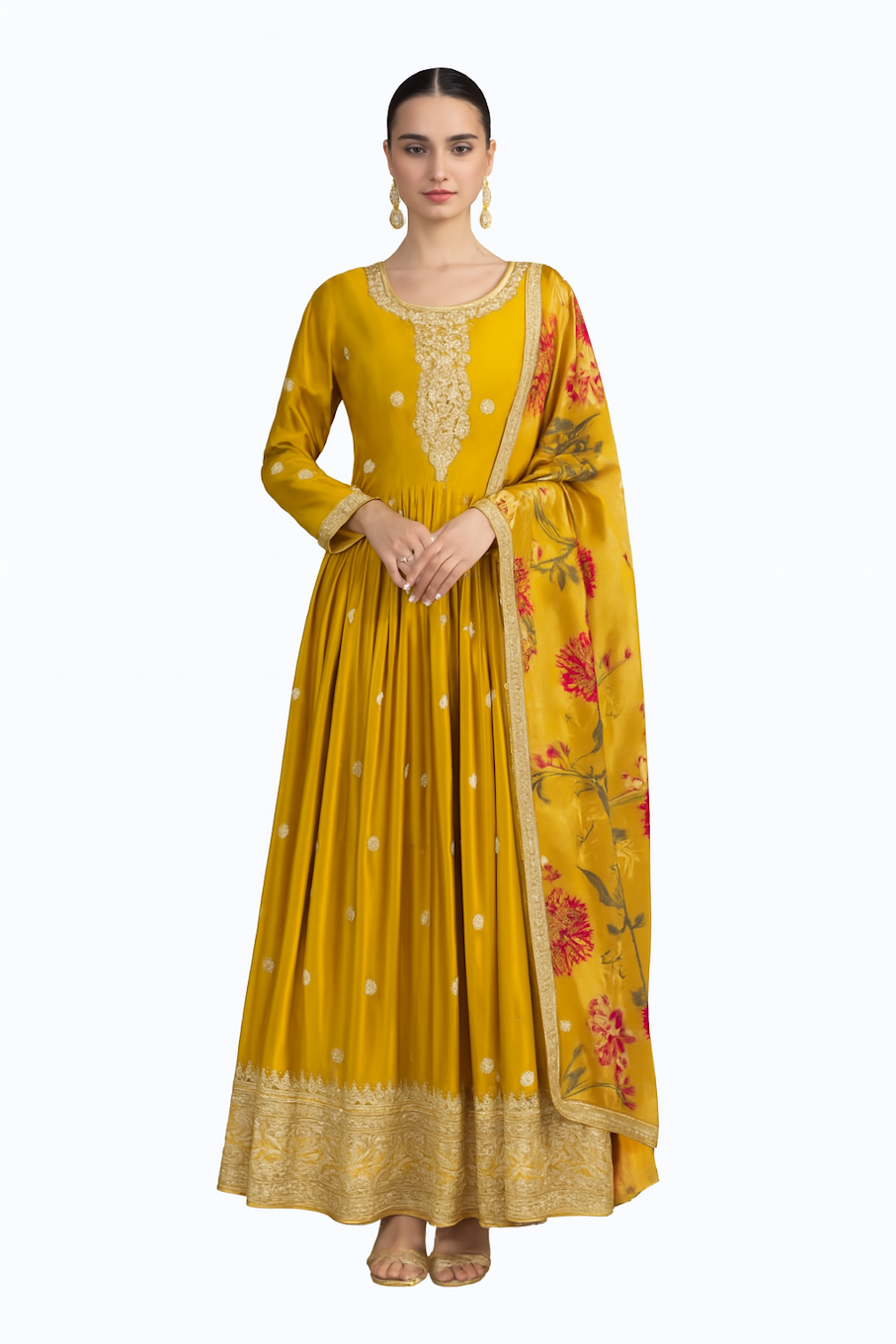 Embroidered Designer Gown for Women-Yellow (Size-S) | D89