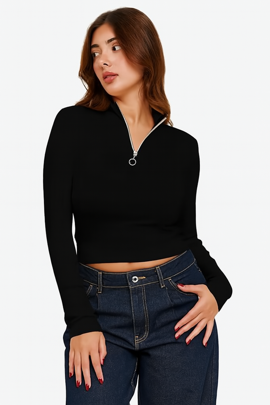 Long Sleeve Quarter Zip Crop Top-Black (Size-XS)