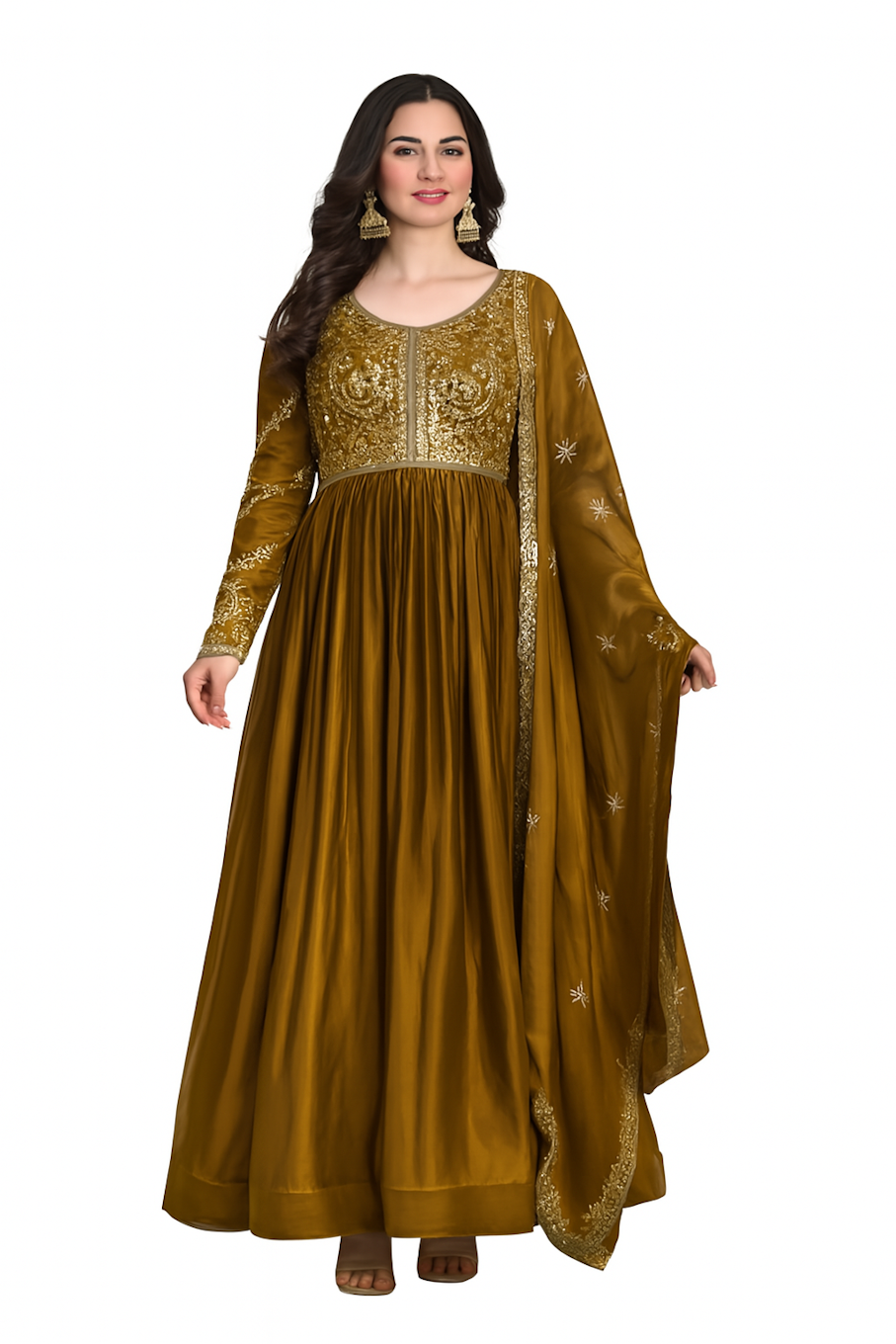 Embroidered Designer Gown for Women-Yellow (Size-2XL) | D175