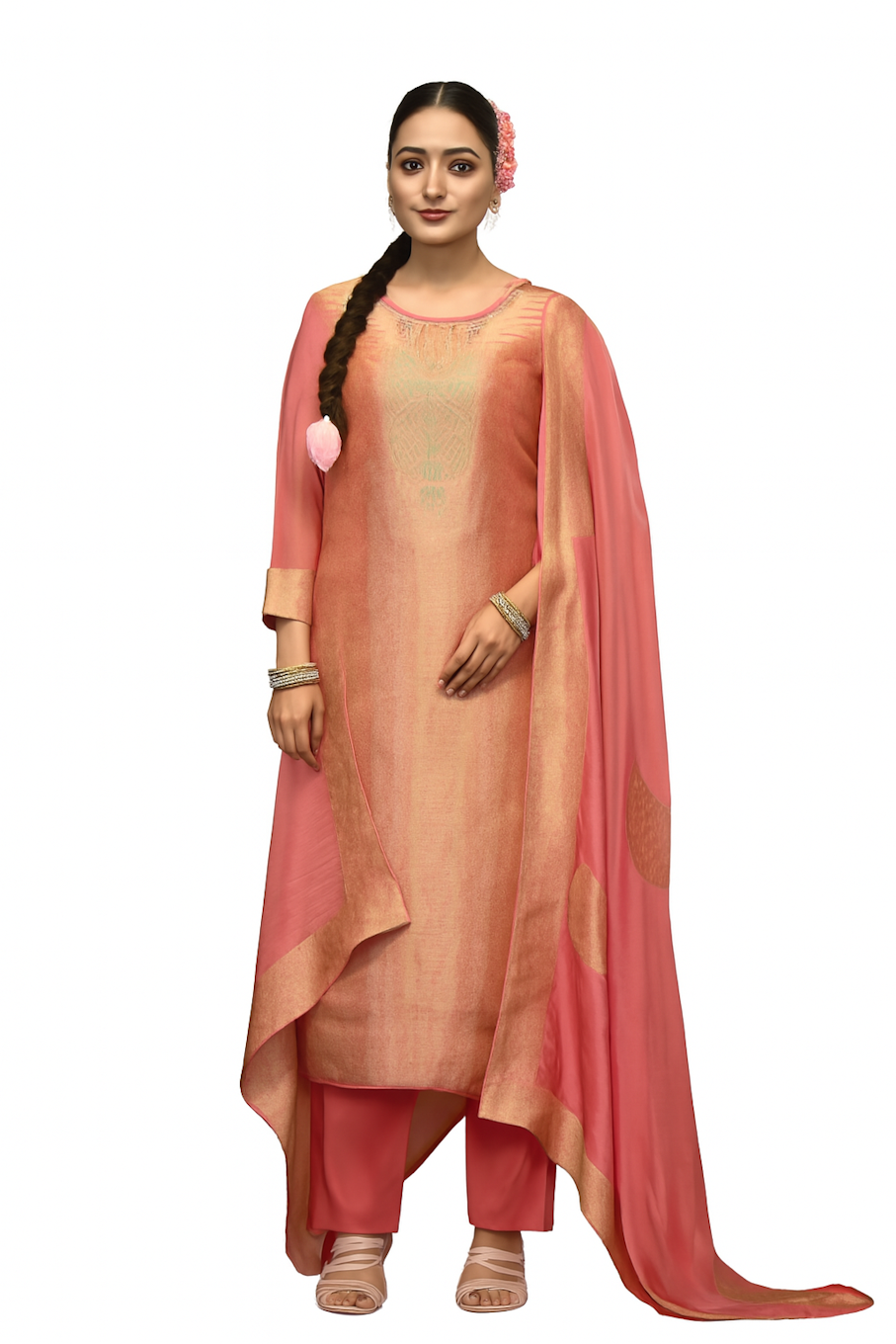 Women Embroidery Kurta Set-Orange (Size-4XL) | D193