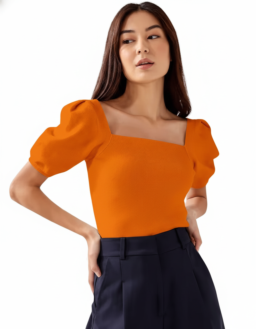 XS-Women's Ribbed Knit Top – Puff Sleeves, Square Neck, Orange  Casual