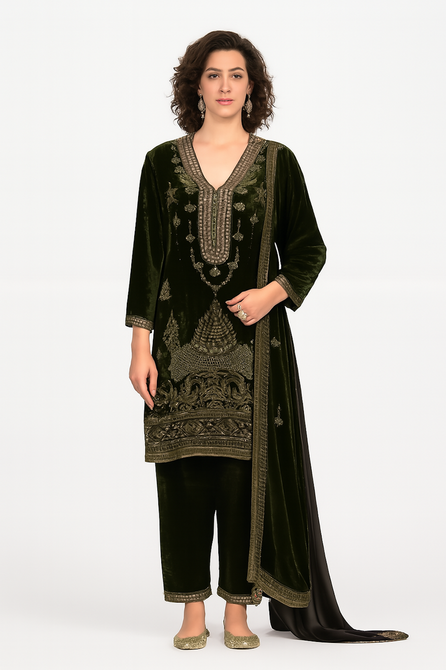 Women Designer Embroidery Kurta Set-Green (Size-L) | D150