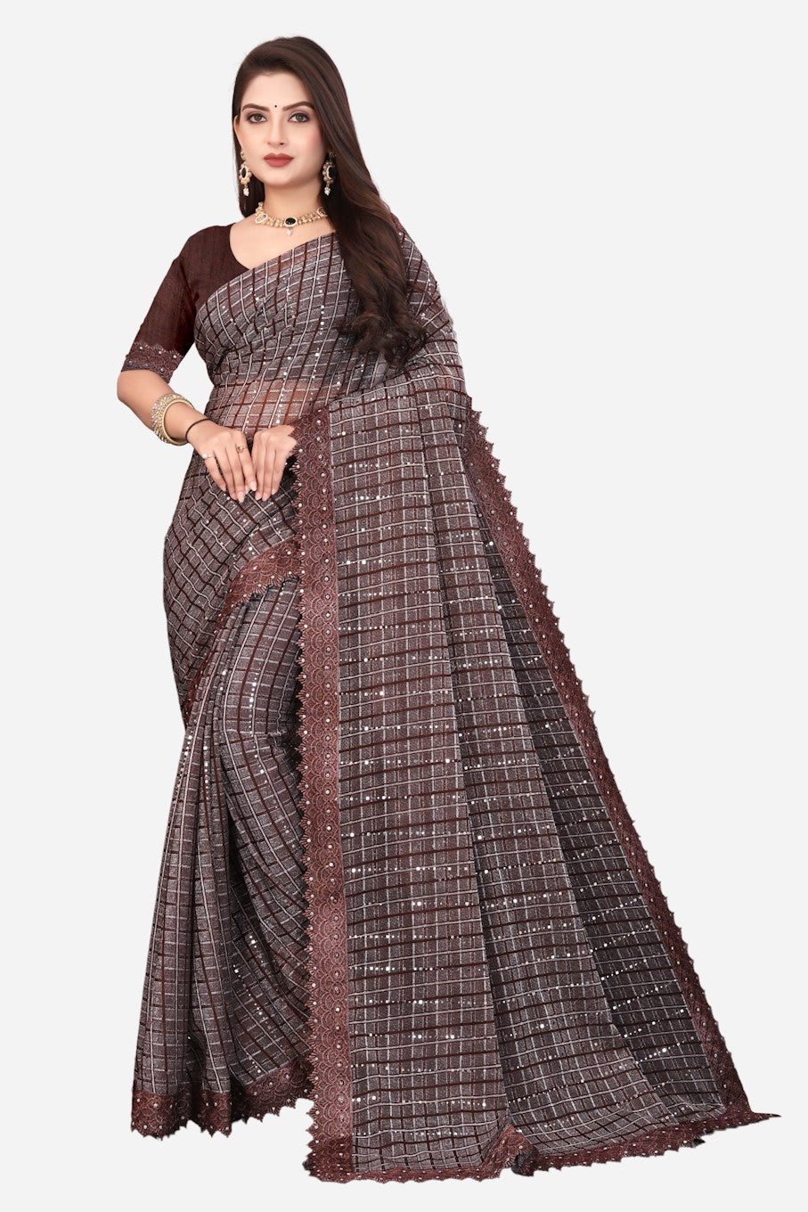 Women's Elegant Saree Set for festive wear-Brown-02