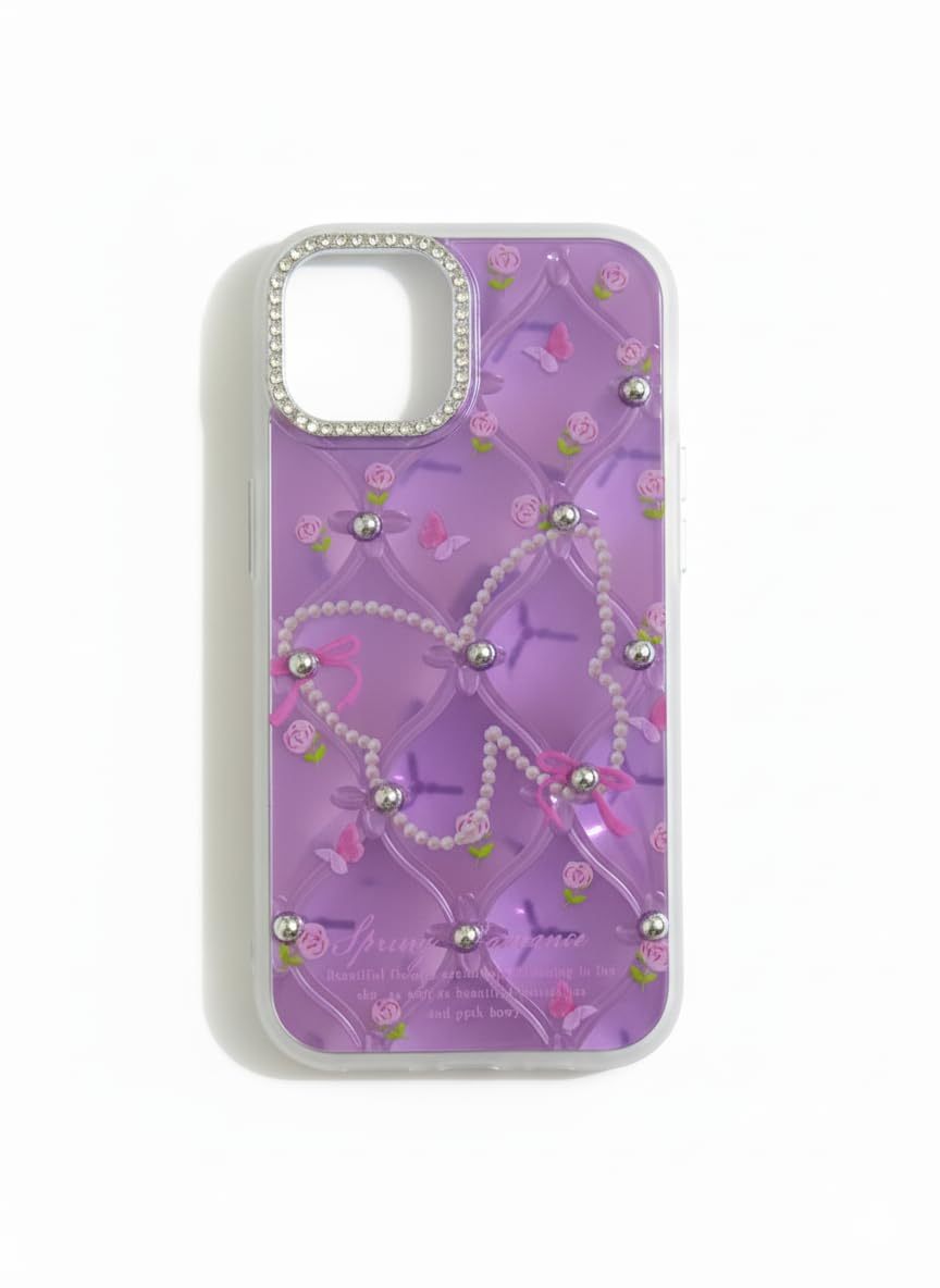 iPhone 15 Case Floral Pearl Rhinestones Purple Tone