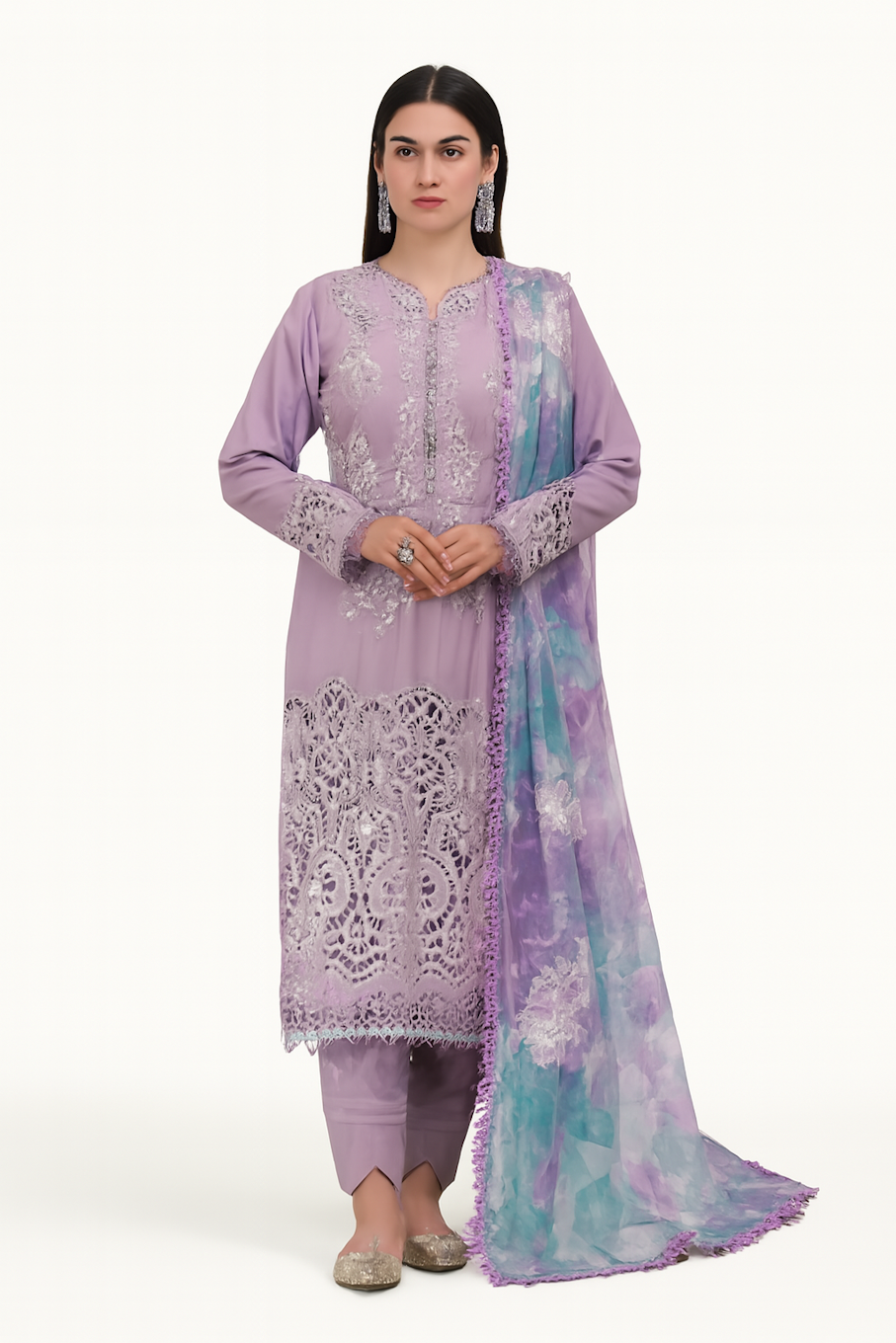Women Embroidery Kurta Set-Purple (Size-L) | D63