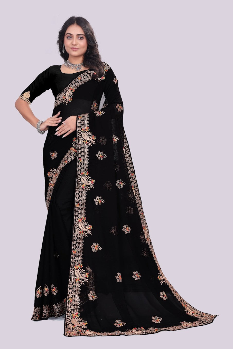 Women's Elegant Saree Set for festive wear-Black-02