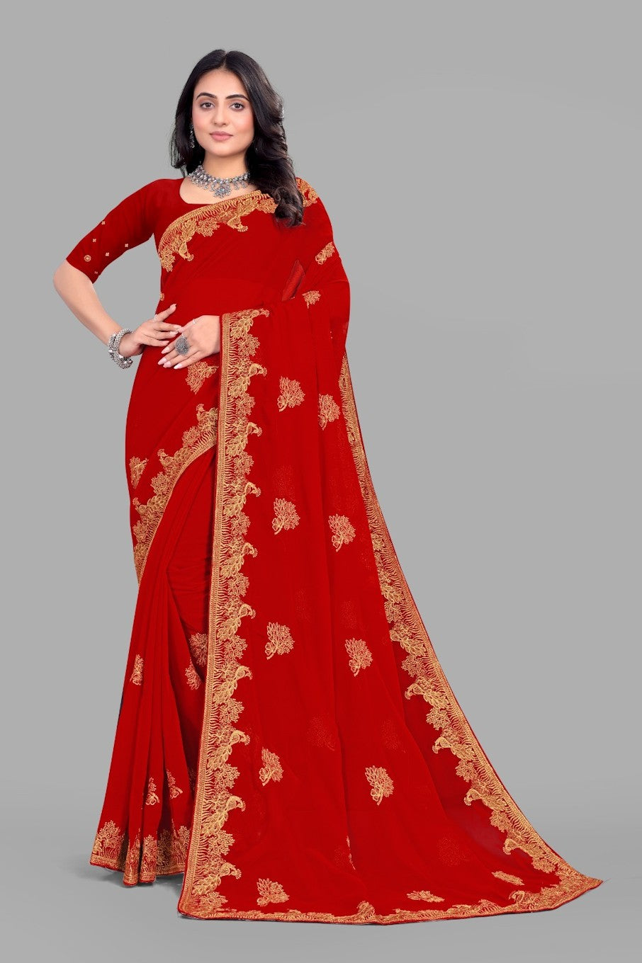 Women's Elegant Saree Set for festive wear-Red-02