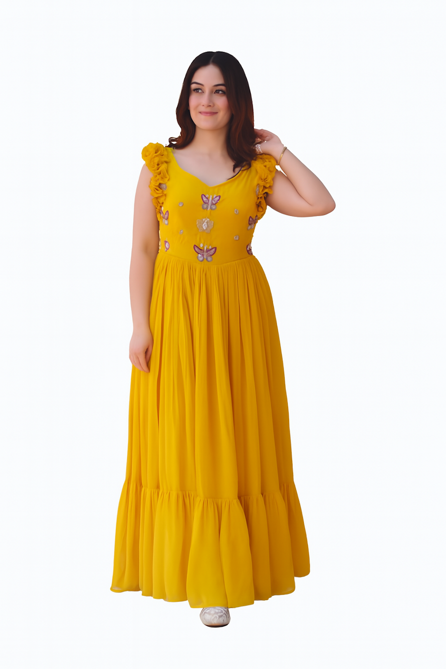 Embroidered Designer Gown for Women-Yellow (Size-L) | D181