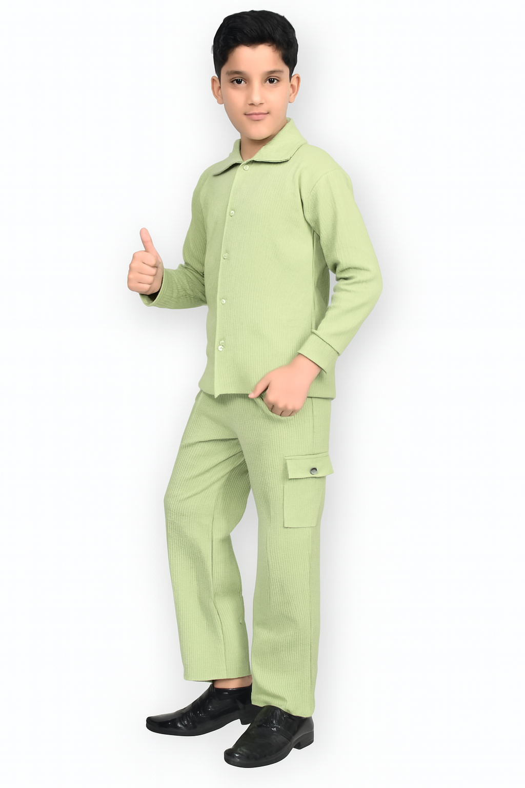M-Boys’ Formal Cotton Set –  Light Green Shirt & Cargo Pants | Stylish