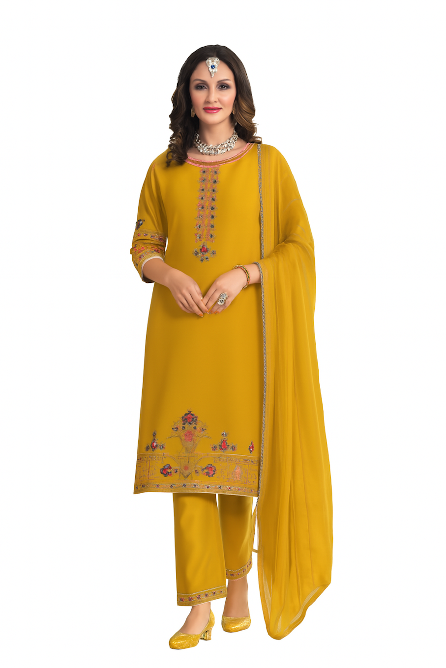 Women Embroidery Kurta Set-Yellow (Size-S) | D234