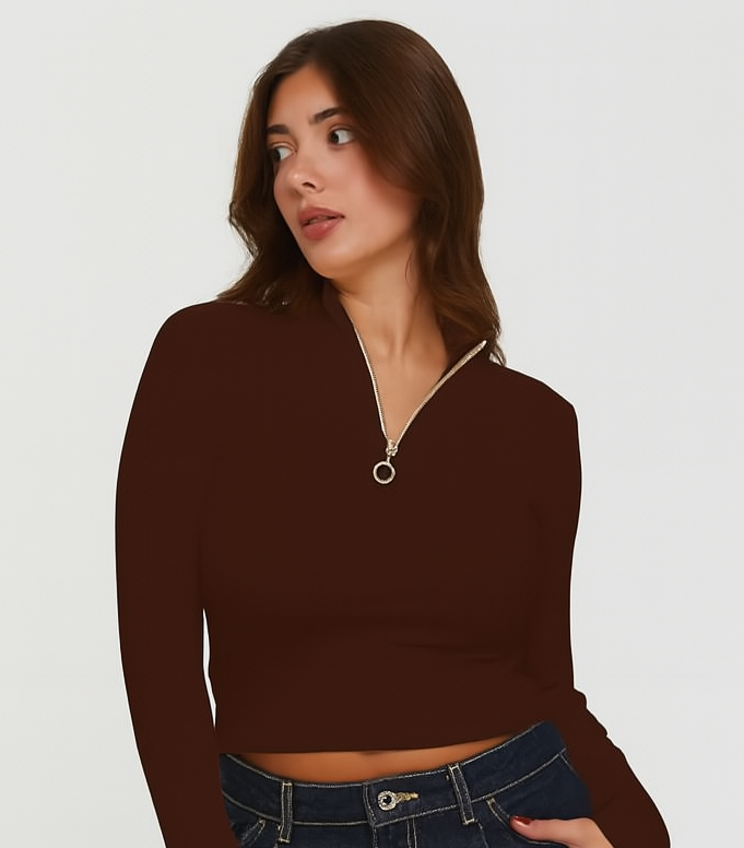 Long Sleeve Quarter Zip Crop Top-Brown (Size-S)